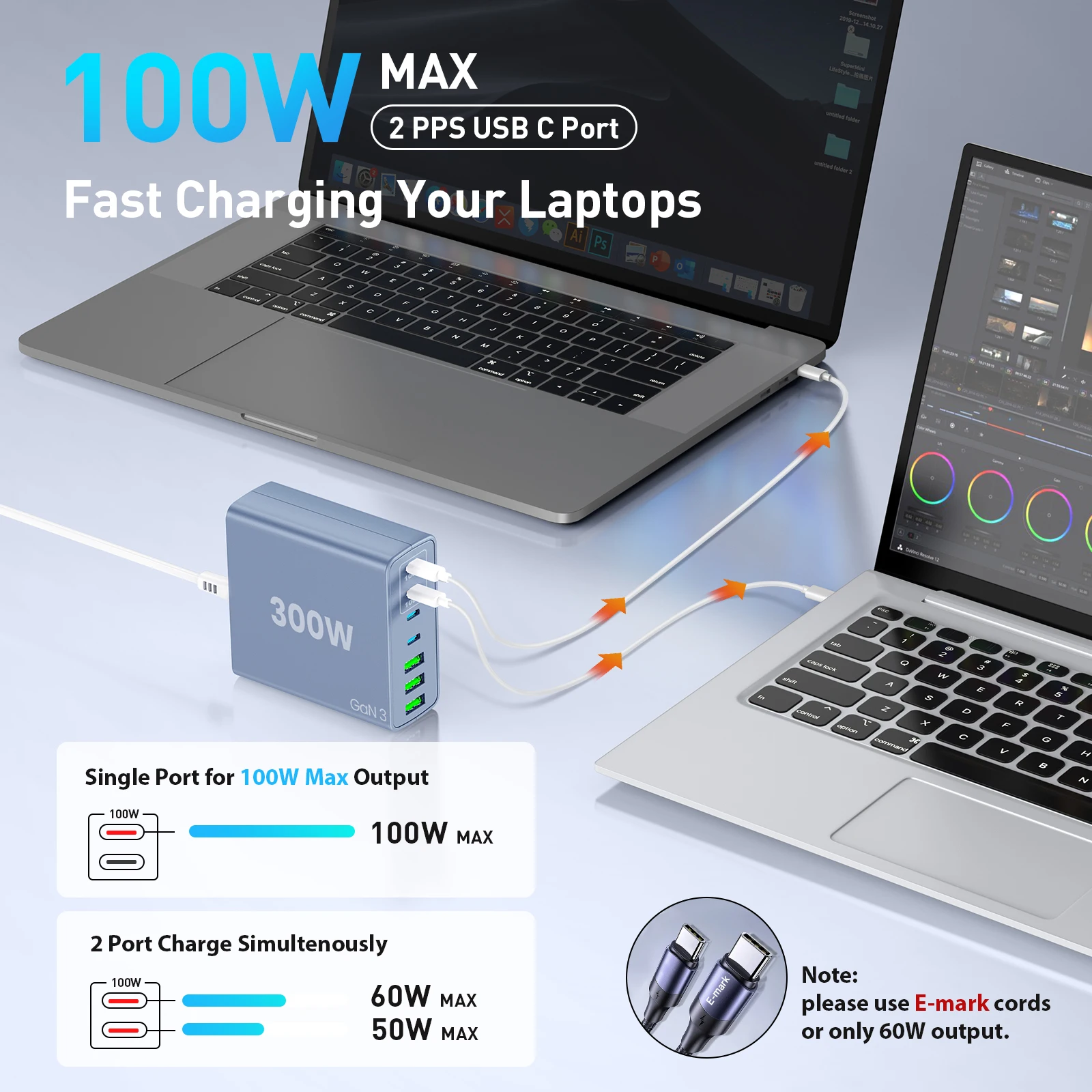 شاحن USB C سريع 300 وات: 7 منافذ USB محطة شحن Hub Brick - Dual PPS PD 100 وات شاحن حائط للكمبيوتر المحمول