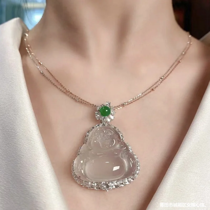 

Natural , White Ice , Burmese Pendant, Maitreya Buddha, Glass Jade, Silver Inlaid Necklace