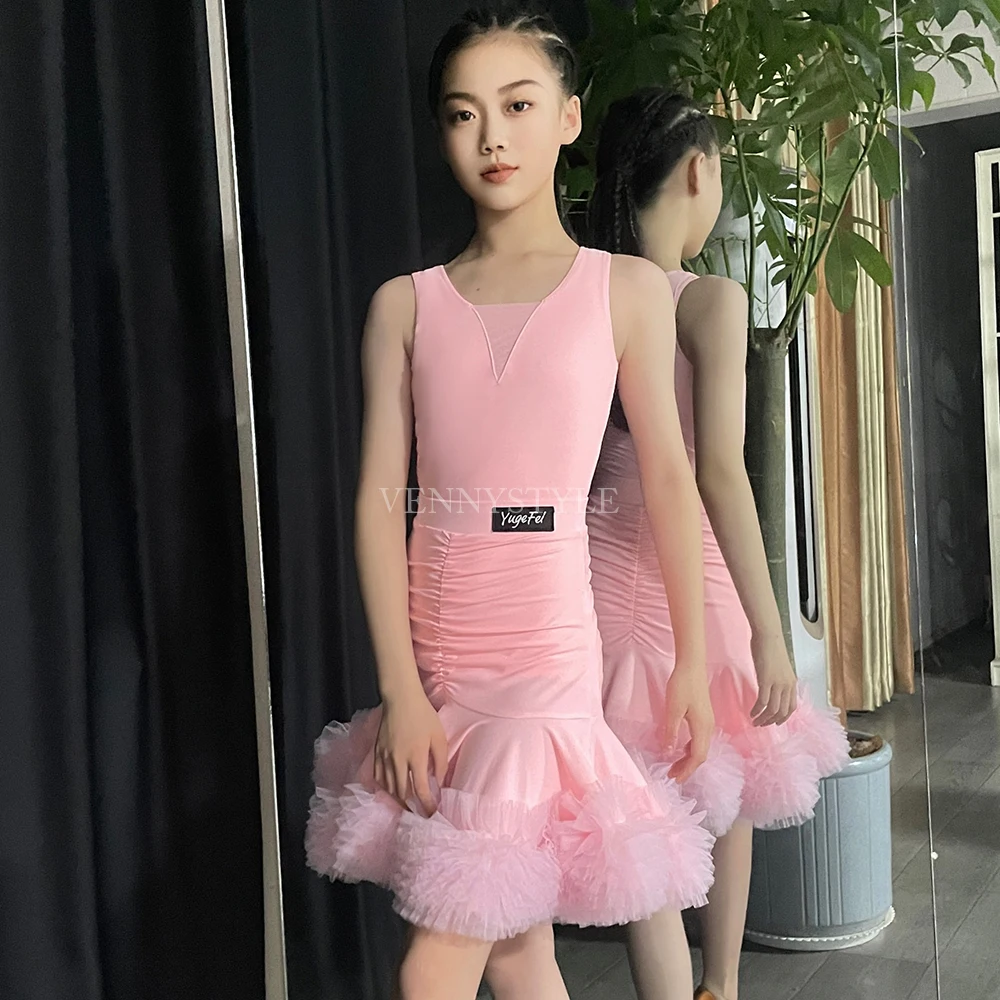 ベニースタイル ラテンダンスドレス ピンク オフショルダートップス フレアスカート付き 練習用 パフォーマンスセット ガールズ ラテンダンス衣装