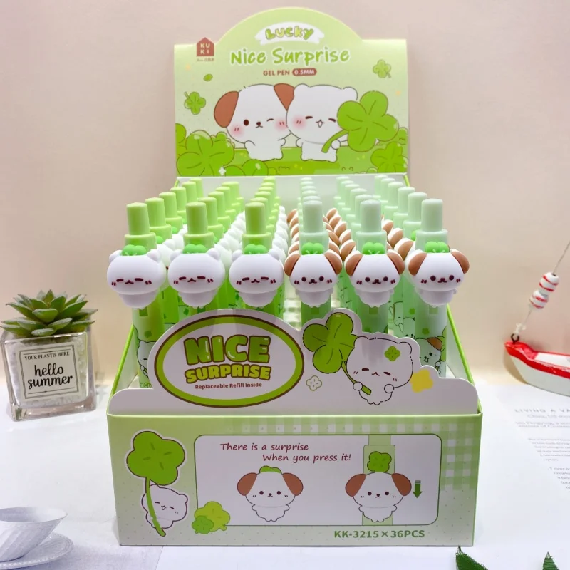 24pcs/lot Kawaii Four-leaf Clover Bear Dog Press Gel Pen Cute 0.5mm Black Ink Gel Pens For Writing Office School Supply