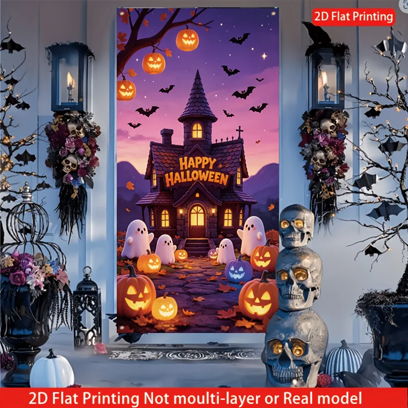 2D Halloween party decor, with a fantasy horror atmosphere style, featuring a castle and bats.zyc