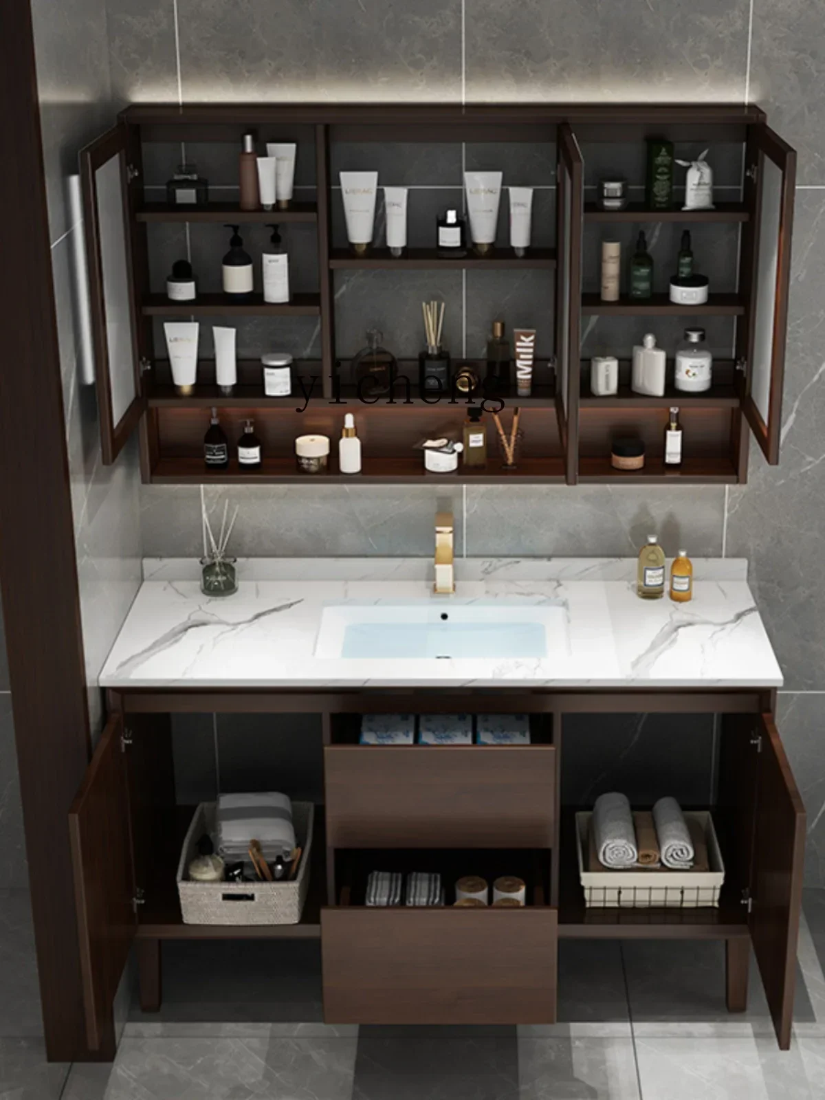 

TQH ceramic integrated basin oak smart bathroom cabinet combination floor-to-ceiling toilet sink