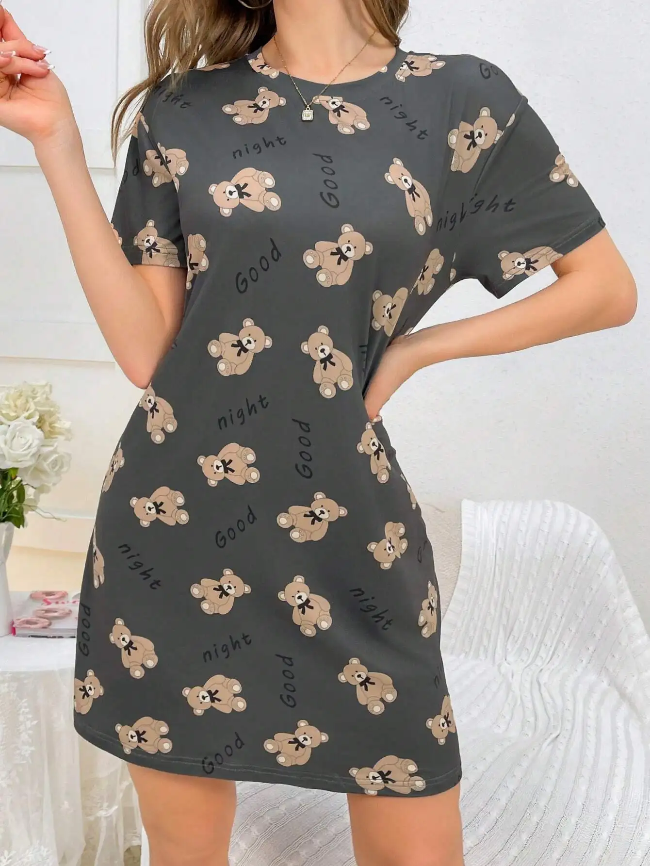 

Ночная сорочка с милым принтом медведя и надписью «Спокойной ночи», короткий рукав, для женщин