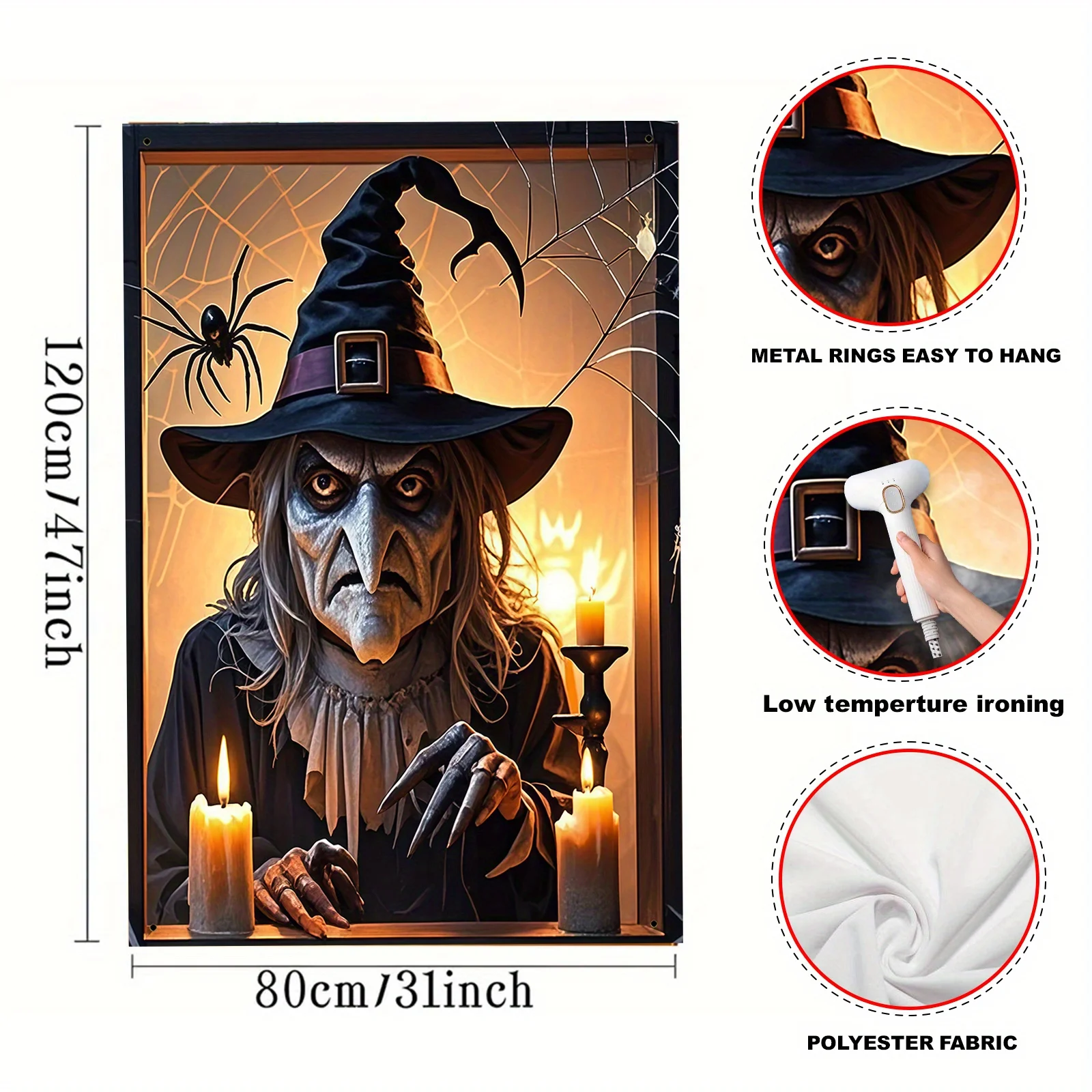 قطعة واحدة من لافتة نافذة ساحرة الهالوين - تصميم ساحرة شبح البوليستر، الشموع والقرع، ديكور حفلات الهالوين