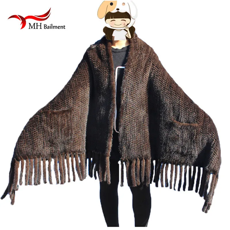 Elegant Real Knitted Mink Fur Shawl Scarf Womens Casual Poncho Knitted Mink Fur Black Scarves Scarf, Hat Glove Sets S#2