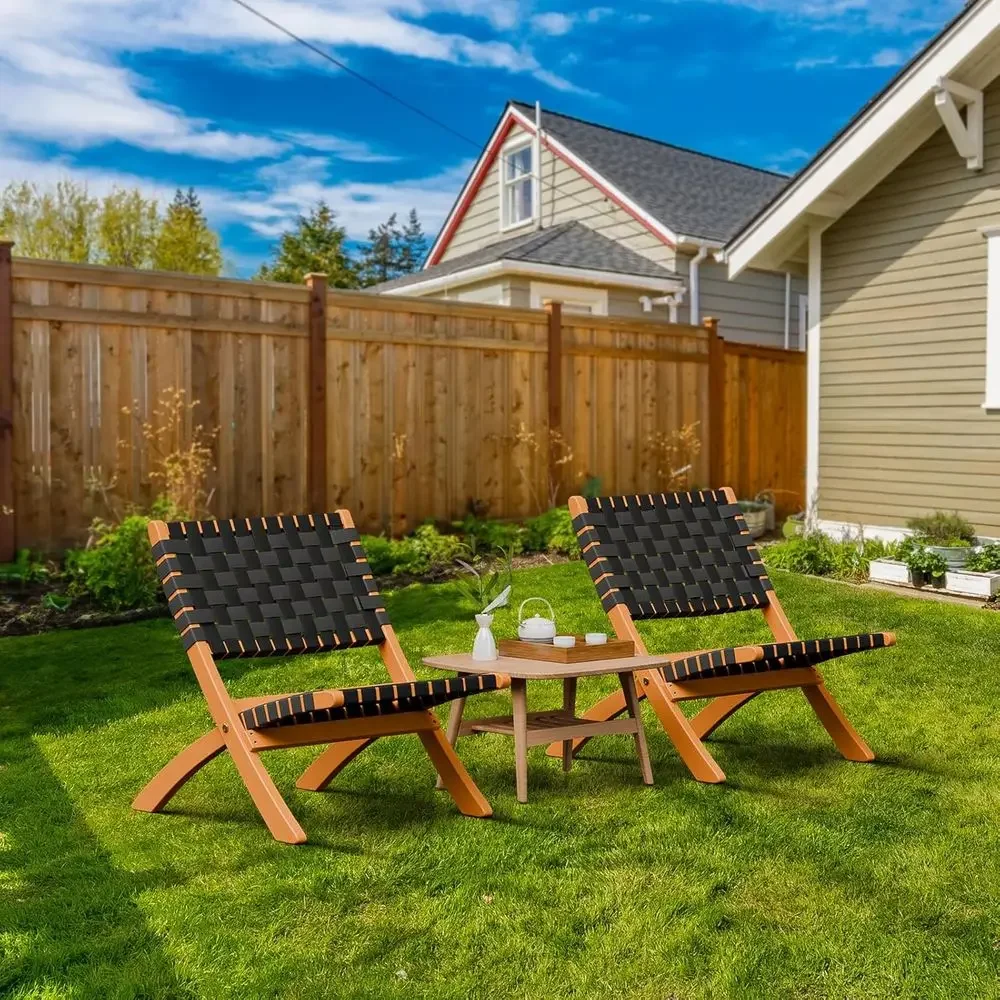 Black 2-Pack Outdoor Rattan Folding Chairs with Low Web Seat and Backrest, Perfect for Patio, Lawn, and Garden Relaxation