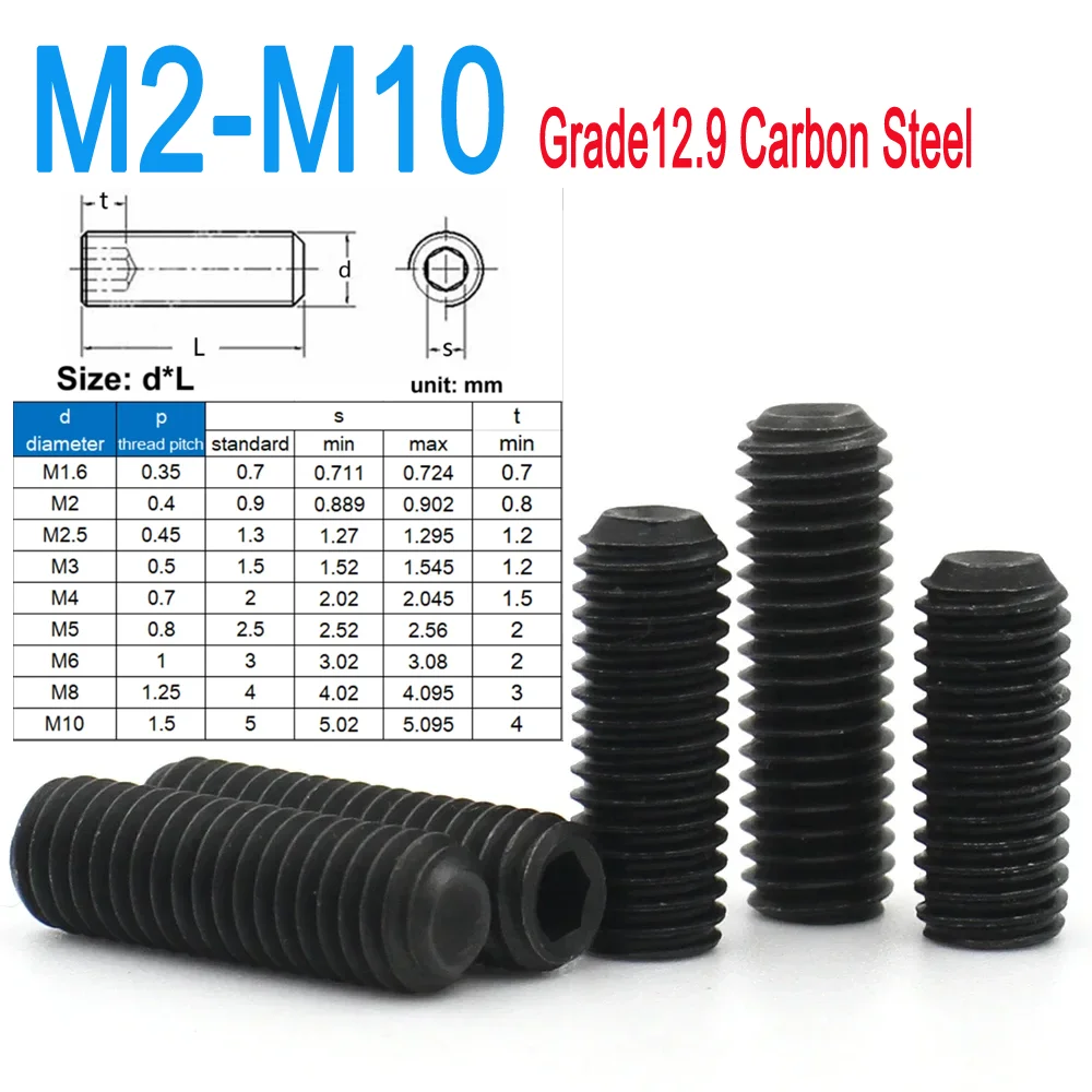 

M2 M2.5 M3 M4 M5 M6 M8 M10 Grade 12.9 Carbon Steel Hexagon Hex Socket Headless Cup Point Concave End Set Grub Screw Bolt 10pcs