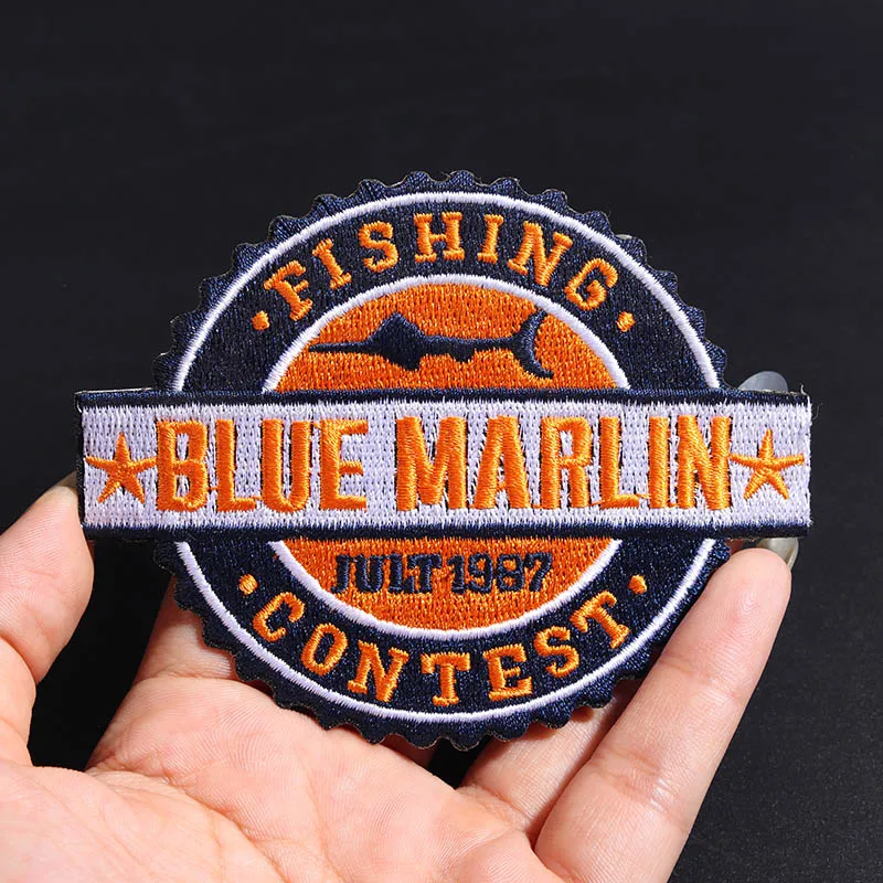 High quality fishing contest blue marlin patches Embroidery Patches Cowboy Iron On DIY clothing Decoration Sticker Backpack