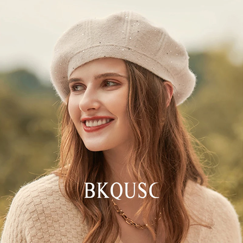 Velvet Knitted Women\'s Beret Hats Painter Caps Female Hairy Woolen Hat Elegant Ladies Soft Velvet Warm Solid Color Knitted Beret