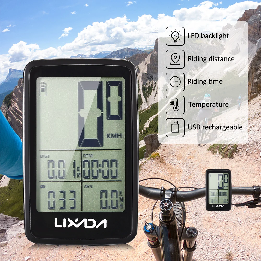 LIXADA Wireless Bike Speedometer Backlight USB Rechargeable Bike Cycling Computer Bicycle Speed Meter Odometer Bicycle Computer