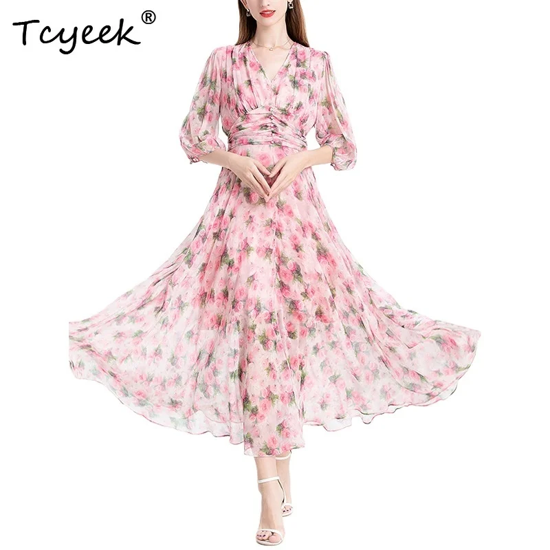 Tcyeek Abito floreale in vera seta di gelso al 100% Abiti estivi 2025 Donna francese dolce dimagrante scollo a V A-line Abito lungo nuovo 상ssi