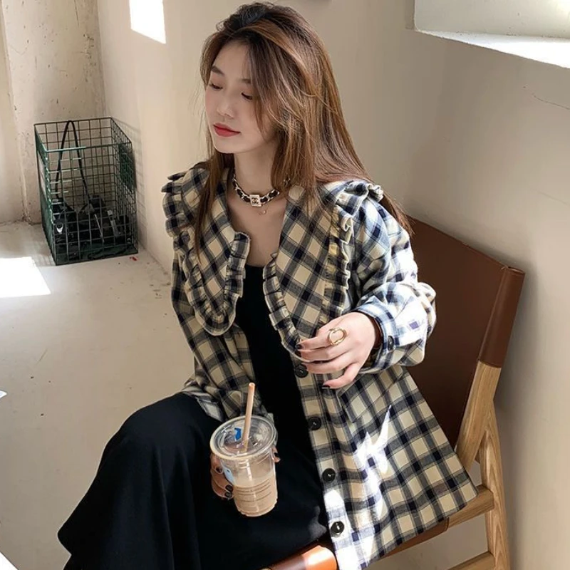 격자 무늬 셔츠 여성 피터팬 칼라 빈티지 패션 루즈 시크 카와이 한국 스타일 올 매치 학생 캐주얼 스트리트웨어 셔츠