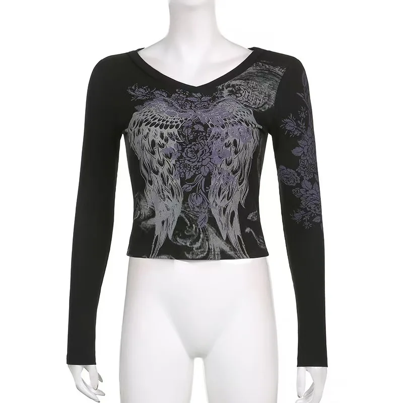 여성용 깃털 날개 프린트 라인스톤 V넥 긴팔 티셔츠 우아한 코튼 슬림핏 크롭탑 풀오버 아메리칸 핫티