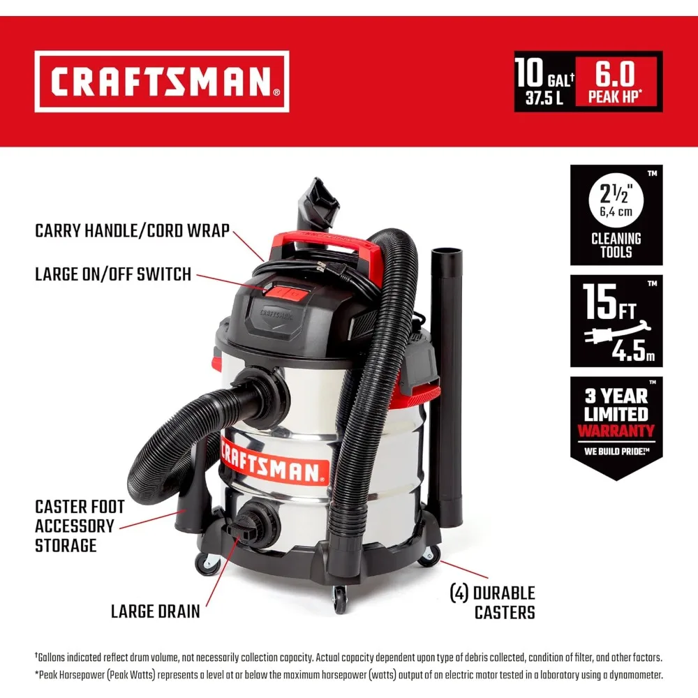 10 gallon 6,0 pk roestvrijstalen nat-droogstofzuiger, draagbare industriële winkelstofzuiger met filter, slang en accessoires