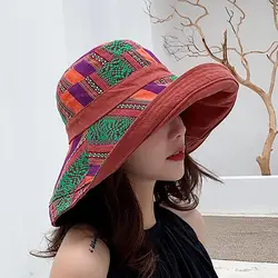 Women Bucket Hats Bohemian Color Patchwork Cotton Large Brim Sun Shade Sunblock Cap Fisherman Hat Outdoor Travel Beach Visor Cap