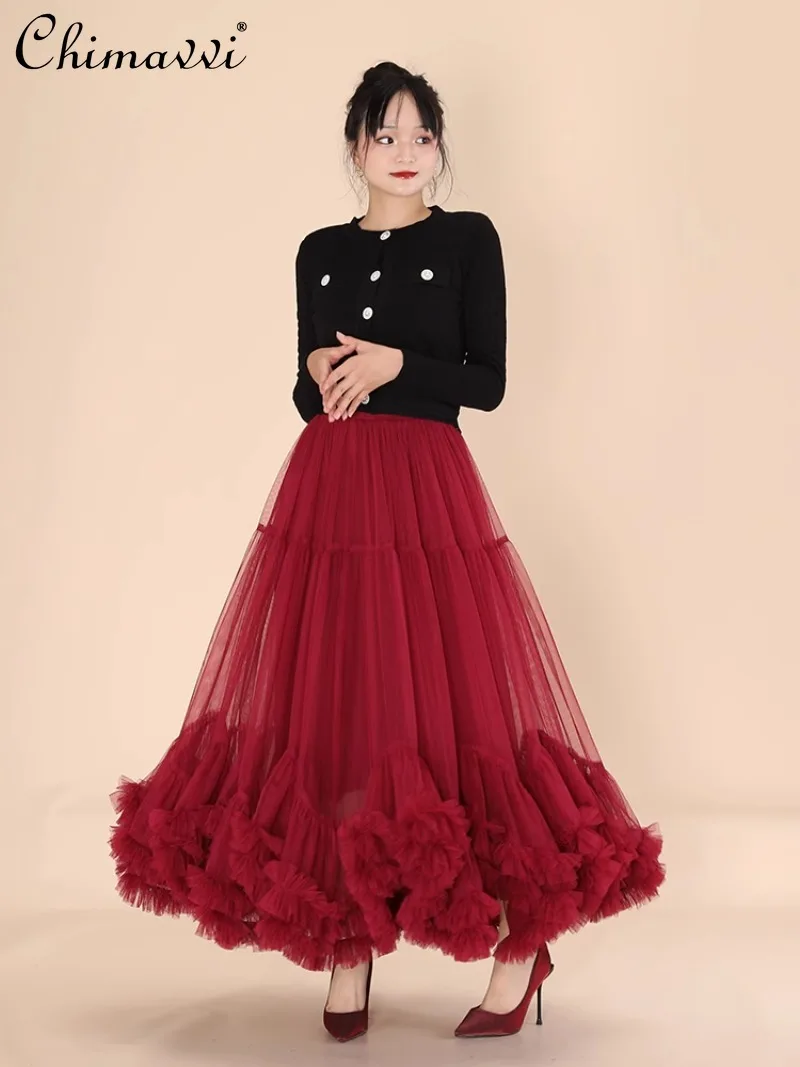 European 2024 Autumn and Winter New High-end Explosion Heavy Industry Gauze Skirt Long Tall A-Line Mesh Skirt For Women