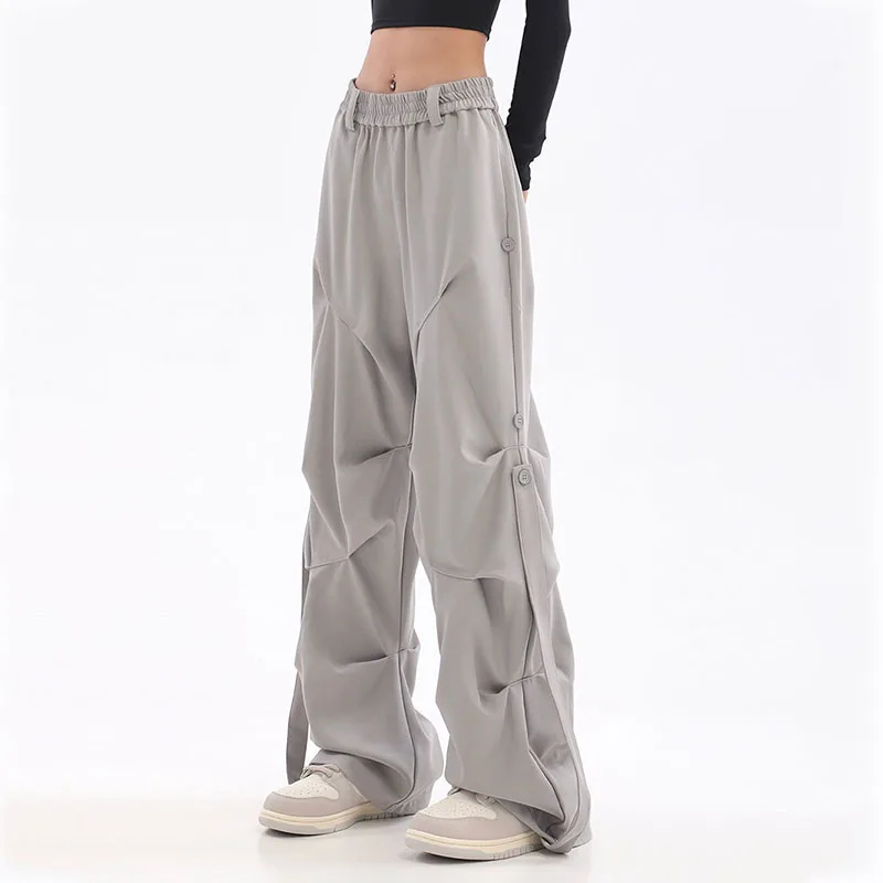 

Oversize Women Pleated Cargo Pants Streetwear Hip Hop Baggy Harajuku Elastic Waist Pockets New Wide Leg Straight Casual Trousers