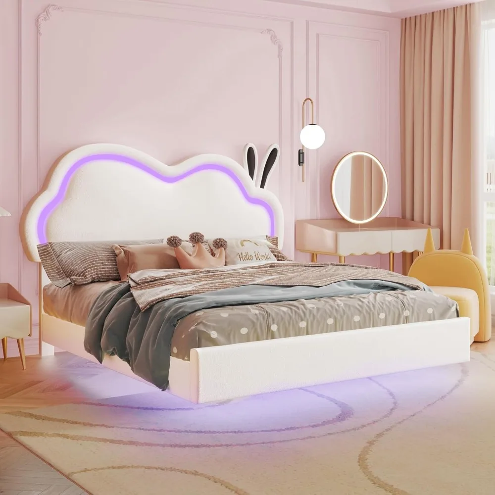 

LED Twin Bed Frame for Girls Upholstered Floating Bed with Cute Cloud Headboard, No Box Spring Needed, Leather, White