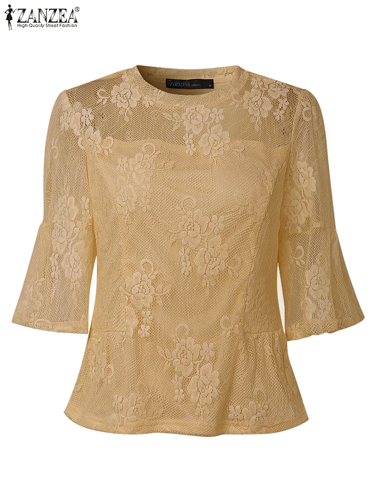 

Seethrough Lace Blouse Women Casual Loose Tops 2025 ZANZEA Vintage Shirts Summer Beach Tops V-neck 3/4 Flare Sleeve Blusas