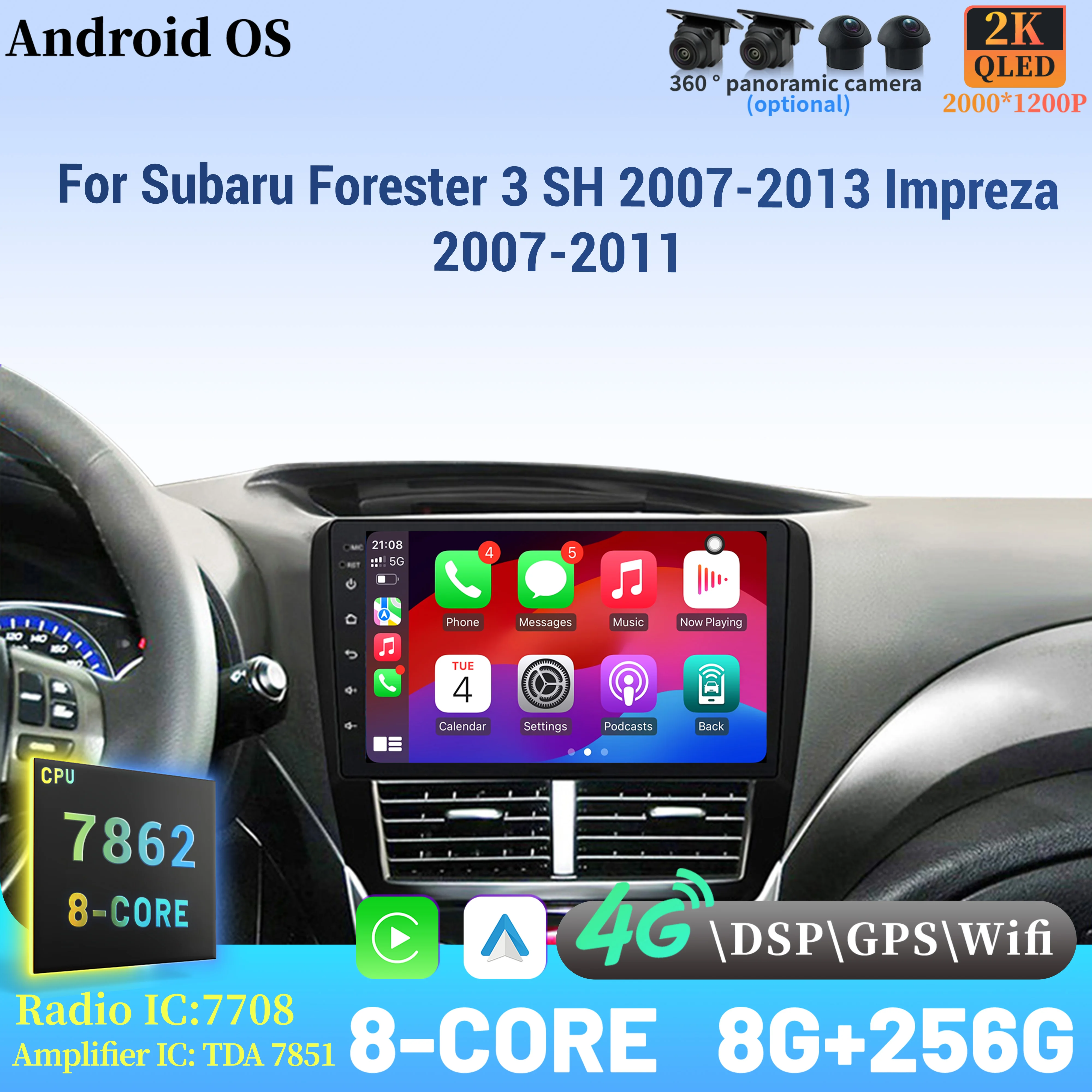 

For Subaru Forester 3 SH 2007-2013 Impreza 2007-2011 Wireless CarPlay Android 14 Radio Car Multimedia Player 7862 8+256 Screen