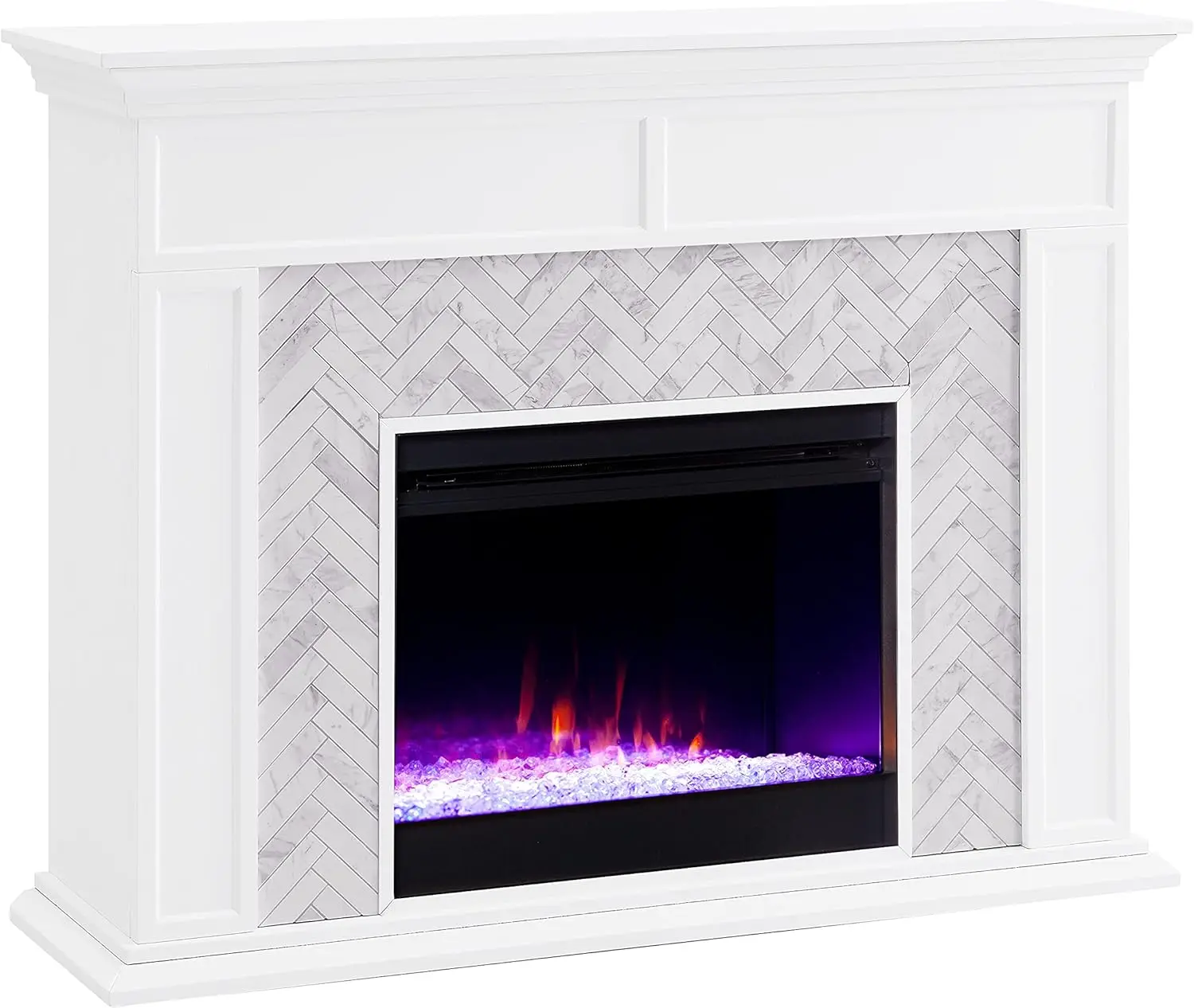 Torlington Indoor Electric Fireplace with Mantel, Color Changing LED Flame, White/Gray Marble