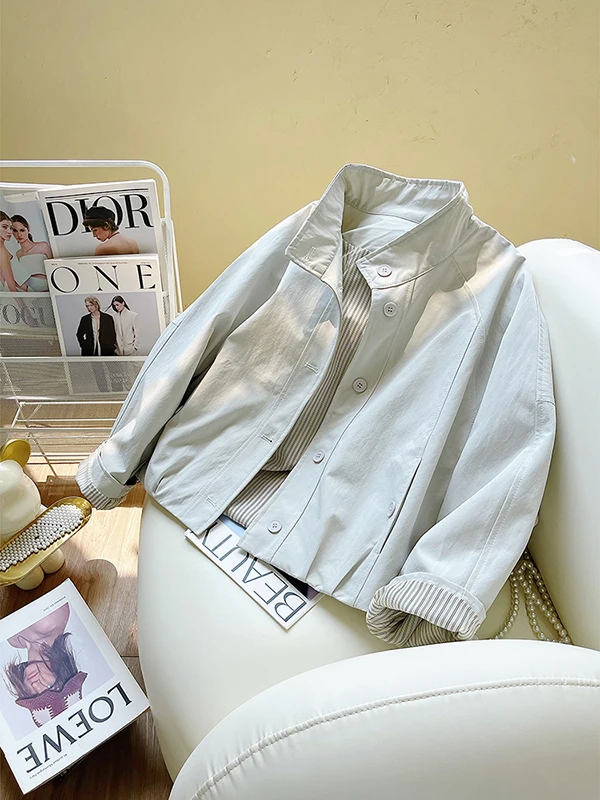 

British Style Striped Loose Fit Jacket Stand Collar Short Coat Women's Fashion Outerwear Windproof Polyester Youth Size