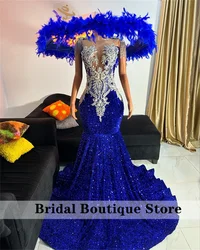 Royal Blue Diamonds Long Prom Dress For Black Girls With Two Gloves Beads Crystals Birthday Party Wedding Reception Customized