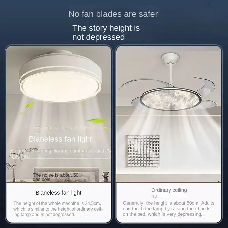 Weißer flügelloser Deckenventilator für Arbeitszimmer, Schlafzimmer, rund, 54 cm, moderner, blattloser Deckenventilator mit Licht, Unterputzventilator