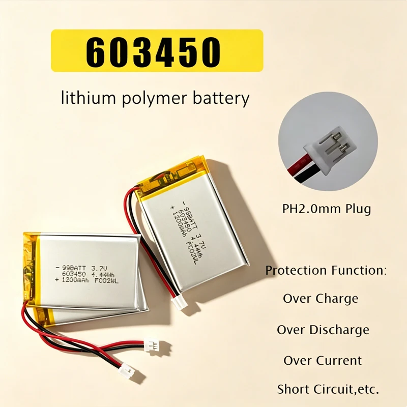 603450 1200mAh 3.7V Rechargeable Polymer Lithium Battery for Bluetooth Headsets Speaker Beauty Instruments Fingerprint DoorLocks