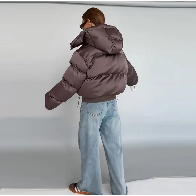 Solid Hooded Cropped Puffer Jacket Women Stand Collar Snap Button Loose Long Sleeve Jackets 2026 Winter Casual Warm Padded Coat