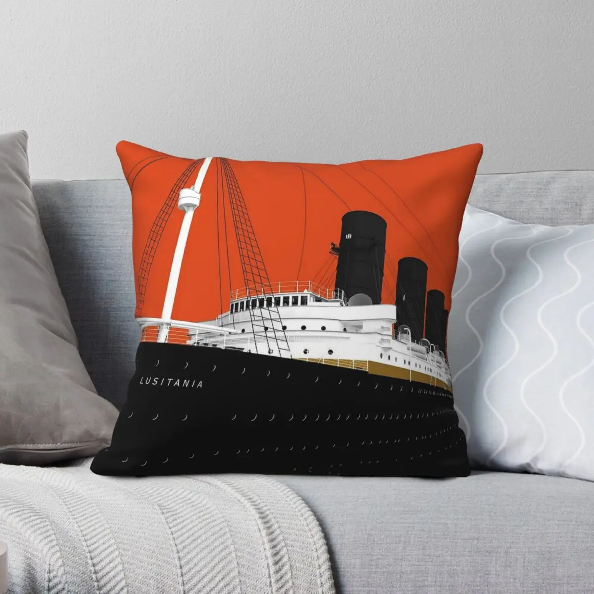 Cunard Line RMS Lusitana funda de almohada cuadrada, funda de cojín de terciopelo de lino y poliéster con cremallera impresa, decorativa para el hogar