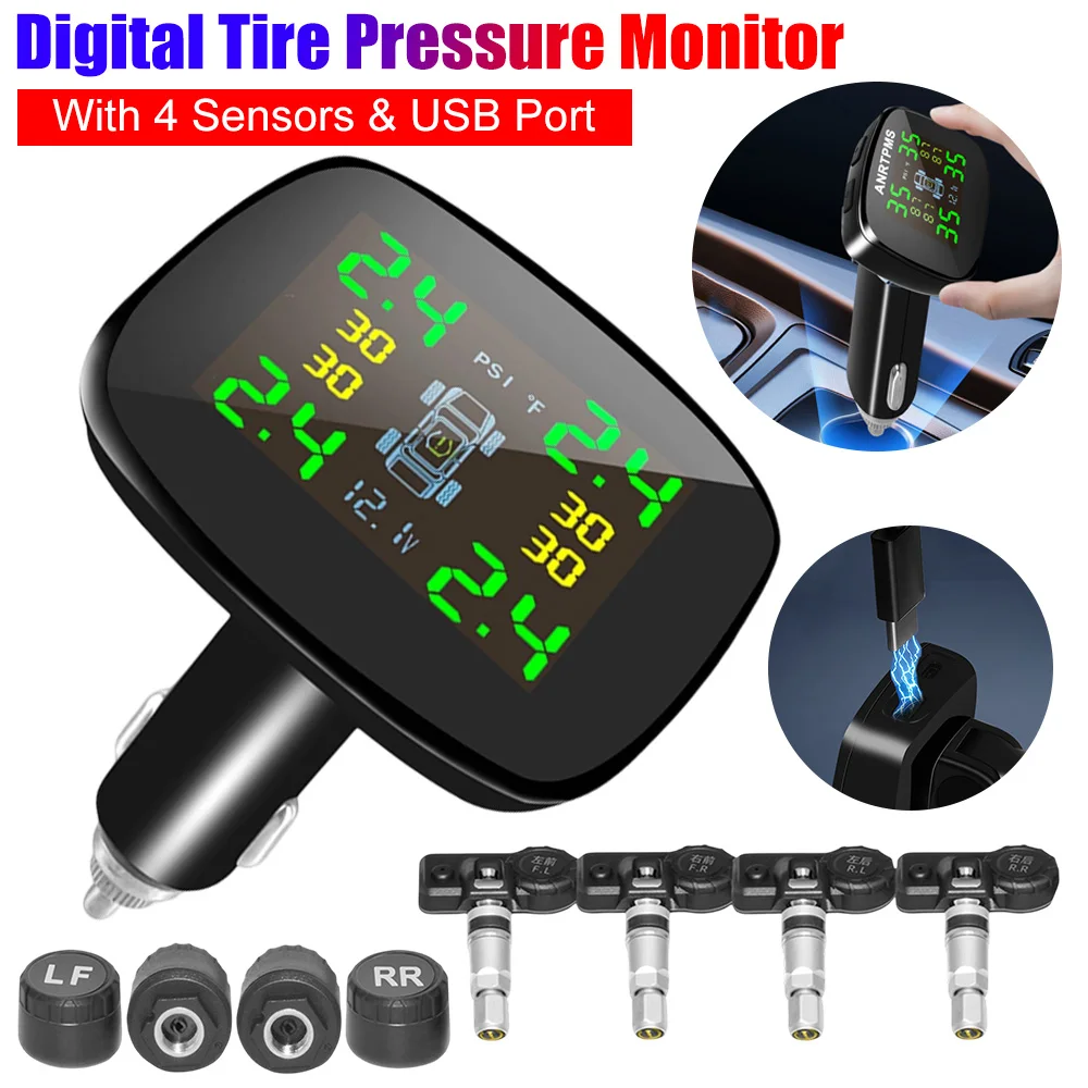 

Интеллектуальный цифровой монитор давления в шинах с 4 датчиками, автомобильный TPMS прикуриватель, измеритель давления в шинах с портами USB и Type-C