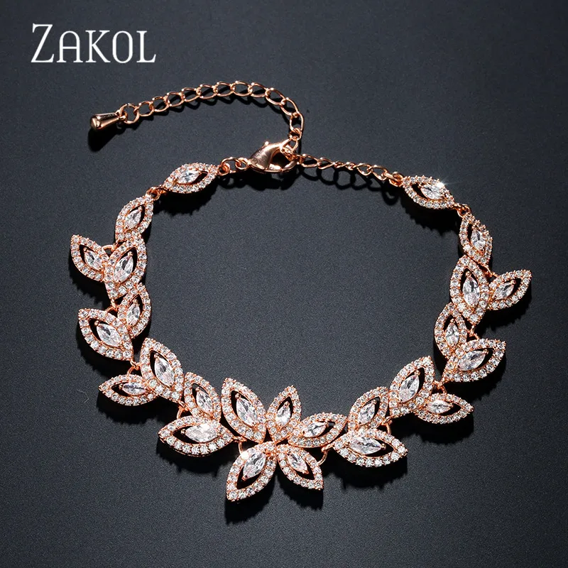 ZAKOL Fashion Zirconia Flower Charm Bracelets for Women Micro Paved Leaf Bracelet Bridal Wedding Party Jewelry