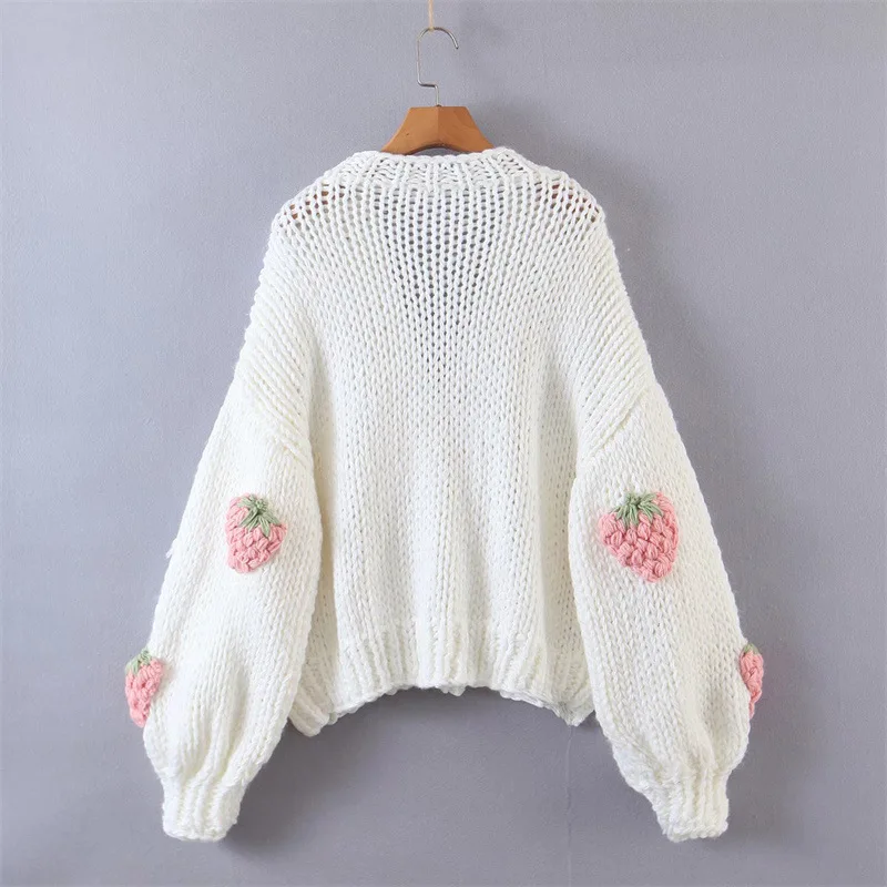 White Cardigan Pink Strawberry Embroidery Knitted Sweater Sweet Loose Loose Knitwear Korean Style Women Cardigan Autumn/Winter