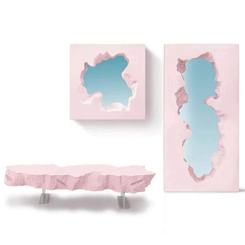 

Modern designer wabi sabi wind broken irregular coffee table creative fiberglass decorative bench Internet celebrity full mirror