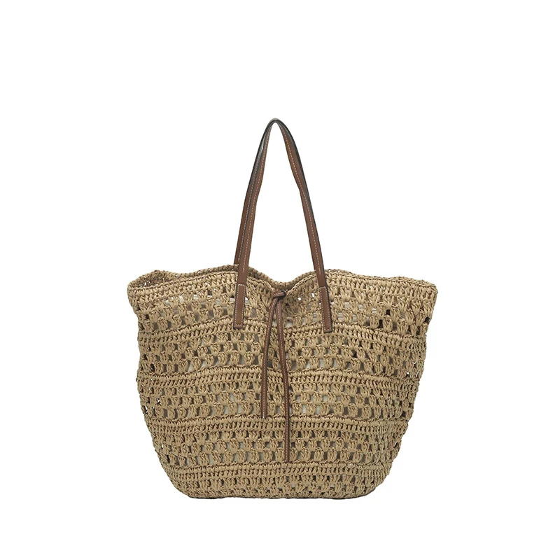 

High-end Straw Woven Handbag Light Khaki Shoulder Bag Simple Hidden Pocket Zippered Tote Bag Openwork Design Beach Vacation Bag
