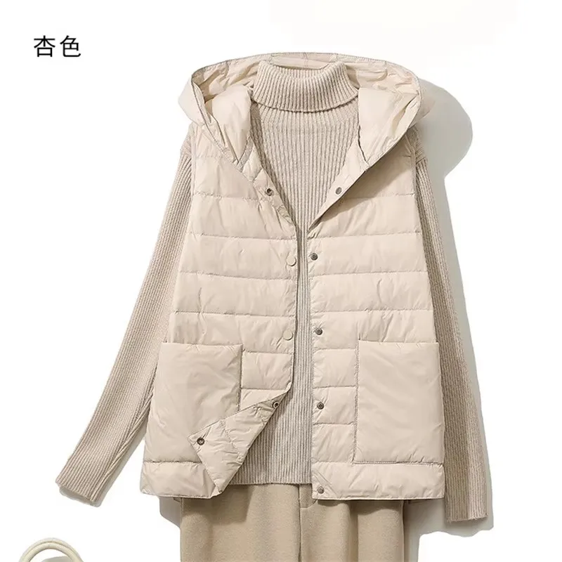 Outono inverno com capuz para baixo colete jaqueta feminina ultra leve pato branco para baixo colete casaco feminino quente sem mangas curto tanque parkas