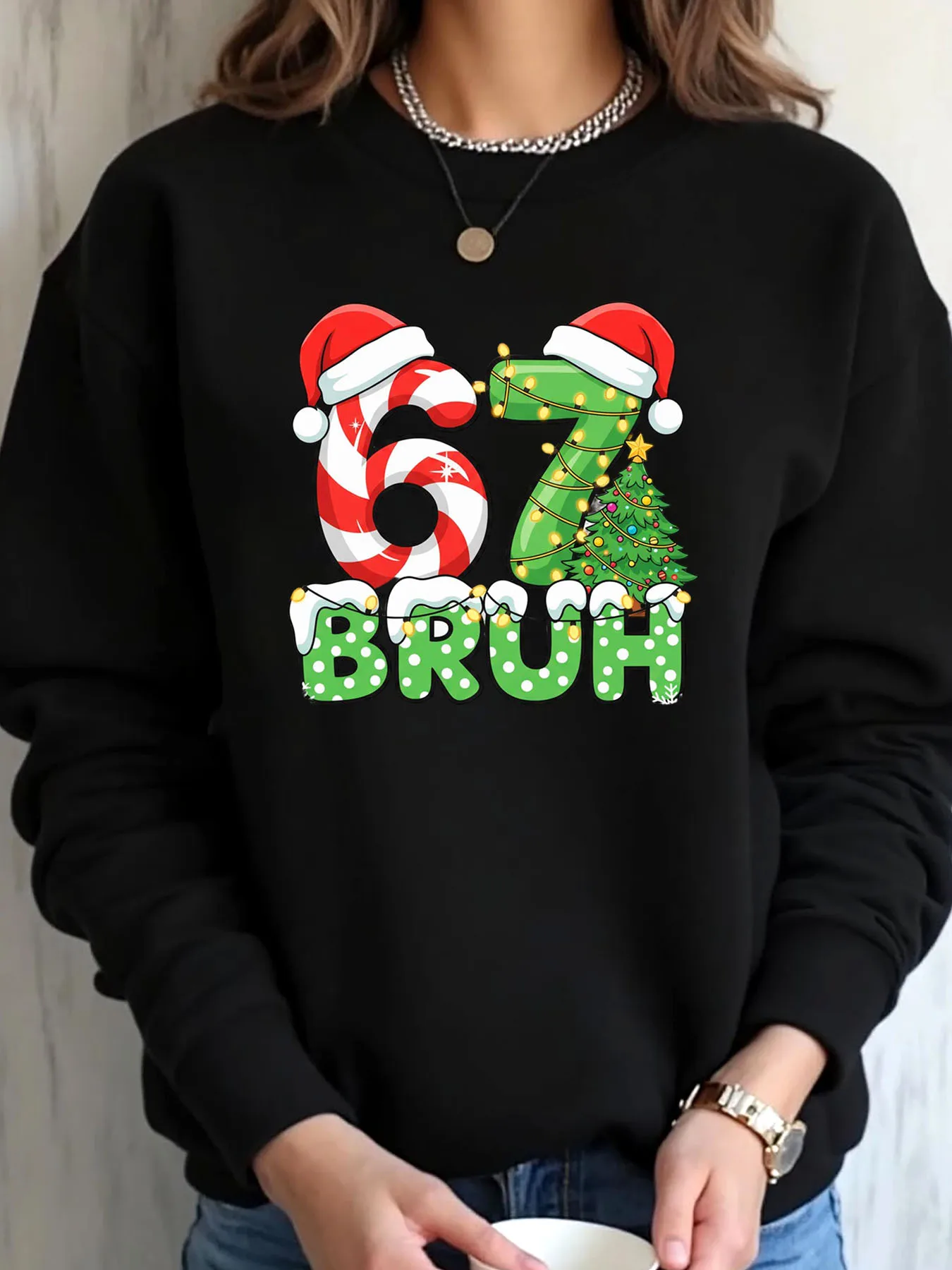 Women Plus Size Sweatshirt Christmas Candy Cane Tree BRUH Print Outdoor Wear