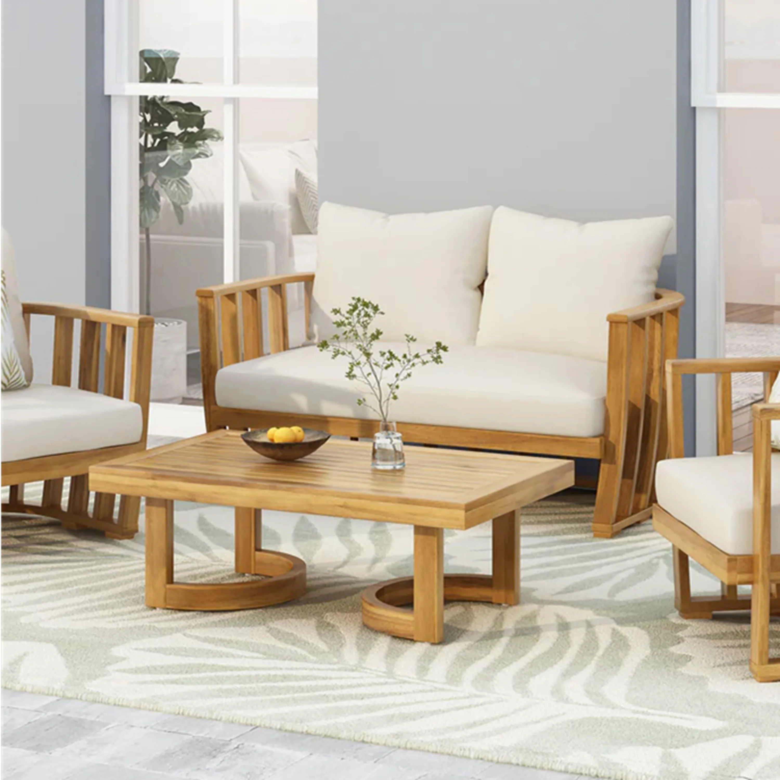 

#Outdoor Acacia Wood Loveseat And Coffee Table Set With Cushions, Teak, Beige