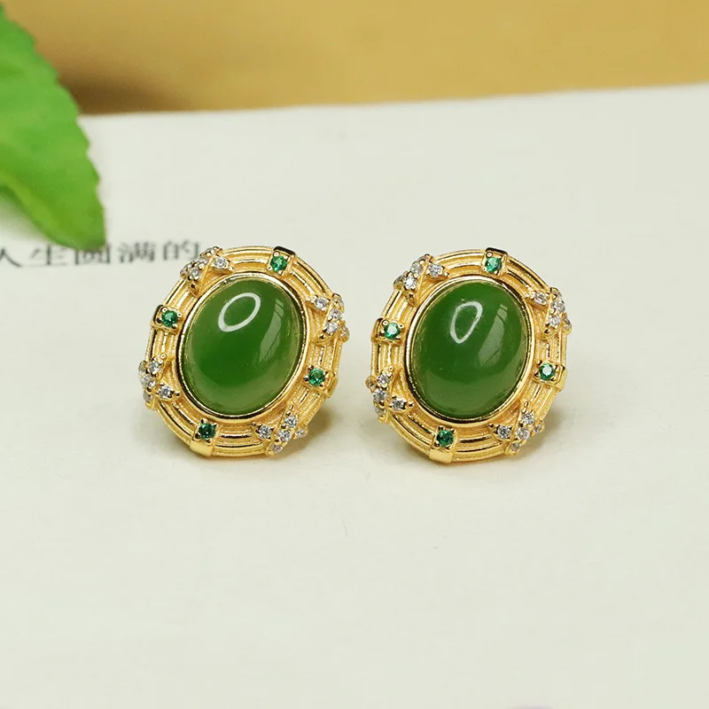 S925 silver inlaid natural Hetian jade jasper stud earrings jade retro earrings