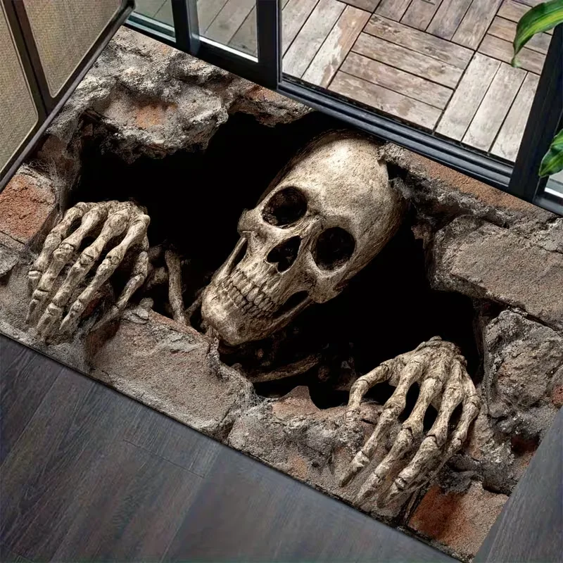 Art Skull Skeleton Breaking Through Wall Rug, Soft Velvet Mat Soft Durable Comfortable, Suitable for Entryway Hallway Bathroom