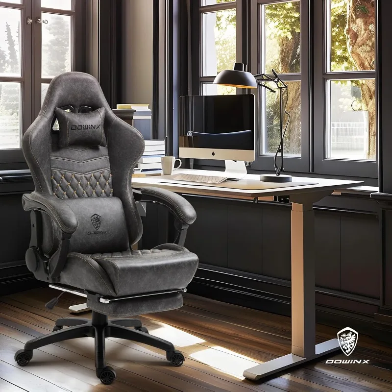 Dowinx Gaming Office, PC with Massage Lumbar Support, Vintage Style PU Leather High Back Adjustable Swivel Task Chair