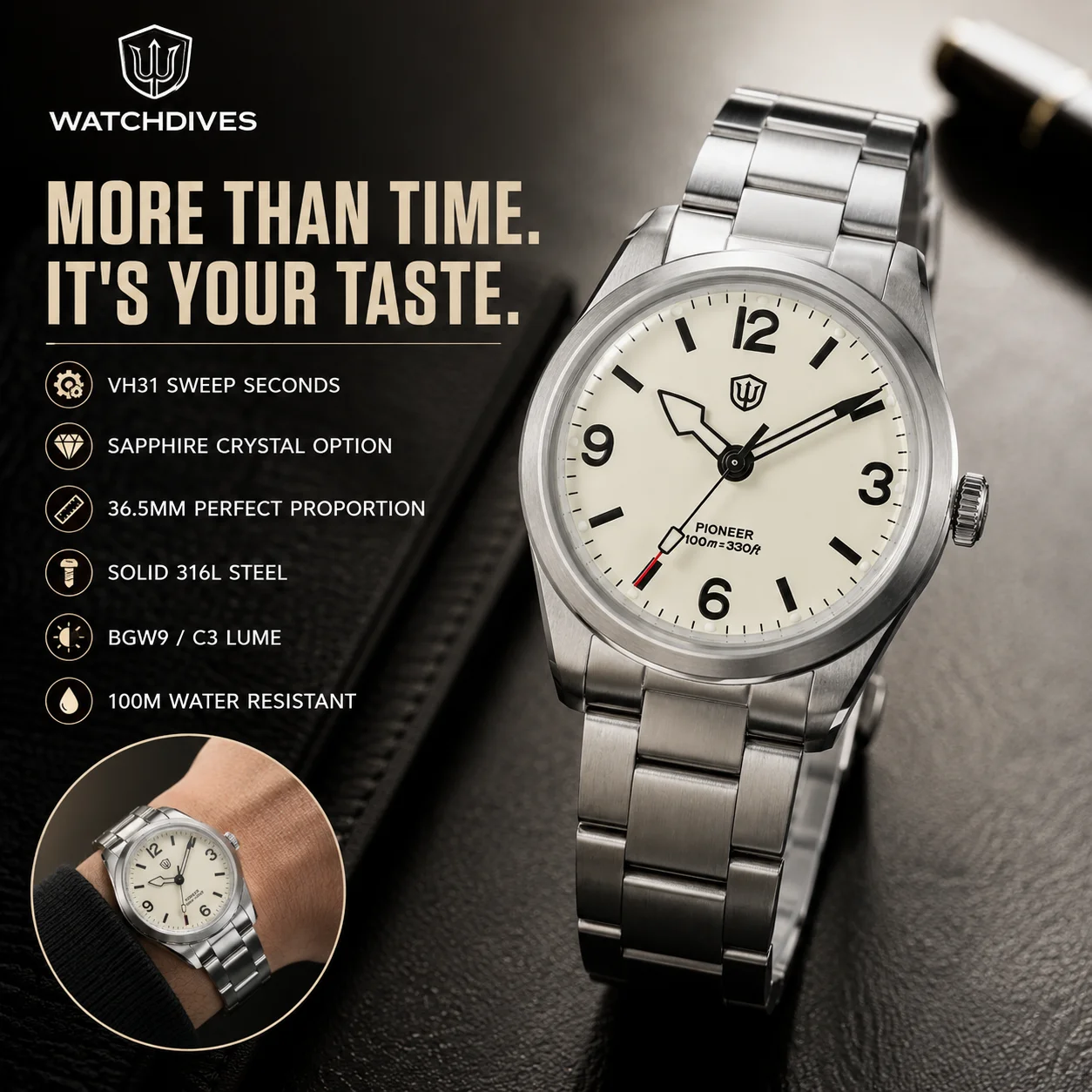 Watchdives WD1960S V2 36Mm Vintage Cream Man Watches VH31 Sweep Seconds Quartz Watch Bubble K1 Sapphire Luminous Stainless Steel