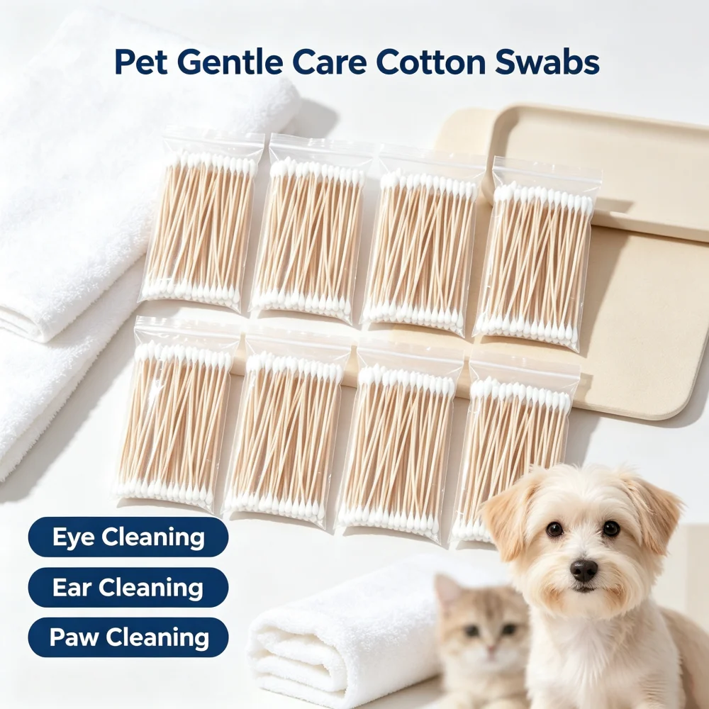 15cm Long Wooden Pet Cotton Swabs,Dual Tips Design Single Point & Round Cotton Buds, Lint-Free Disposable Q-tips for Dog Cat Ear