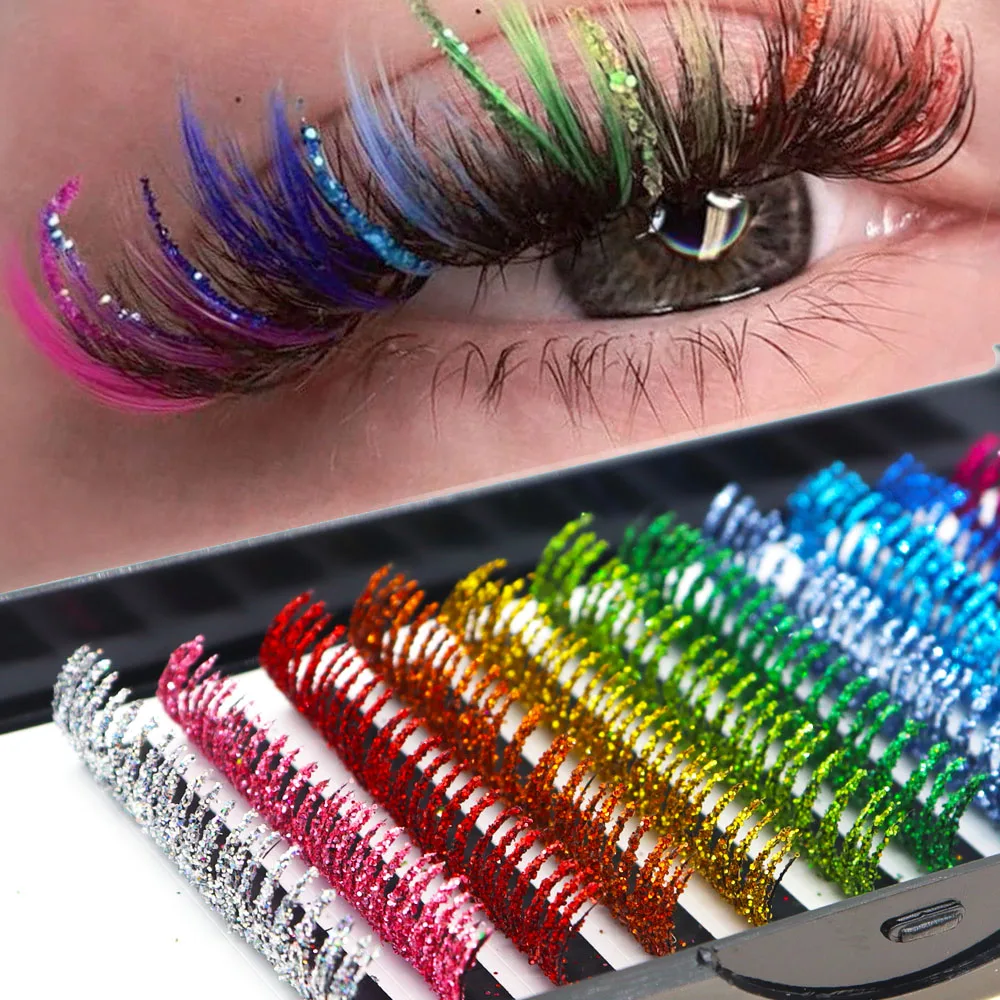 Colorful Rainbow Glitter Cluster Lashes D Curl Individual Eyelash Extensions Sparkly Sequins DIY Lash Clusters for Volume Falsie