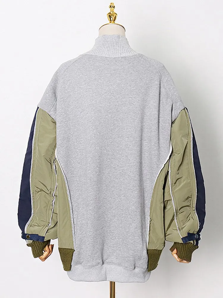 BPN Hit Color Patchwork Drawstring Sweatshirts For Women Turtleneck Long Sleeve Pullover Casual Loose Sweatshirt Female Clothing