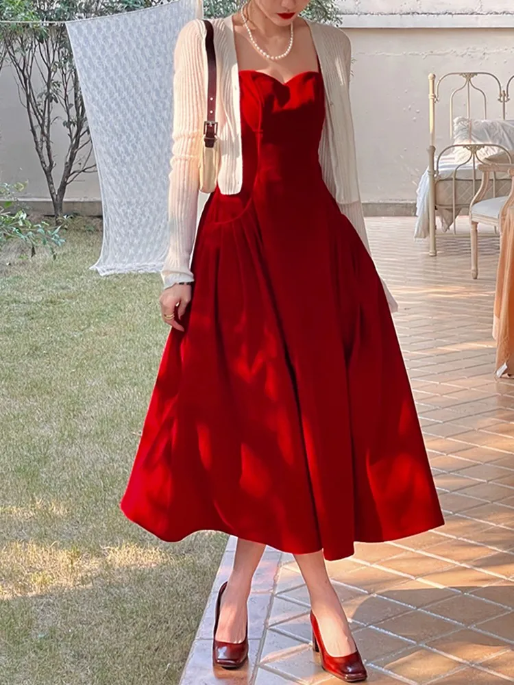 

Retro Red Classic Black High Waist Slim Suspender Velvet Dress Long Spring New Women Vintage Ladies Audrey Hepburn Vestidos