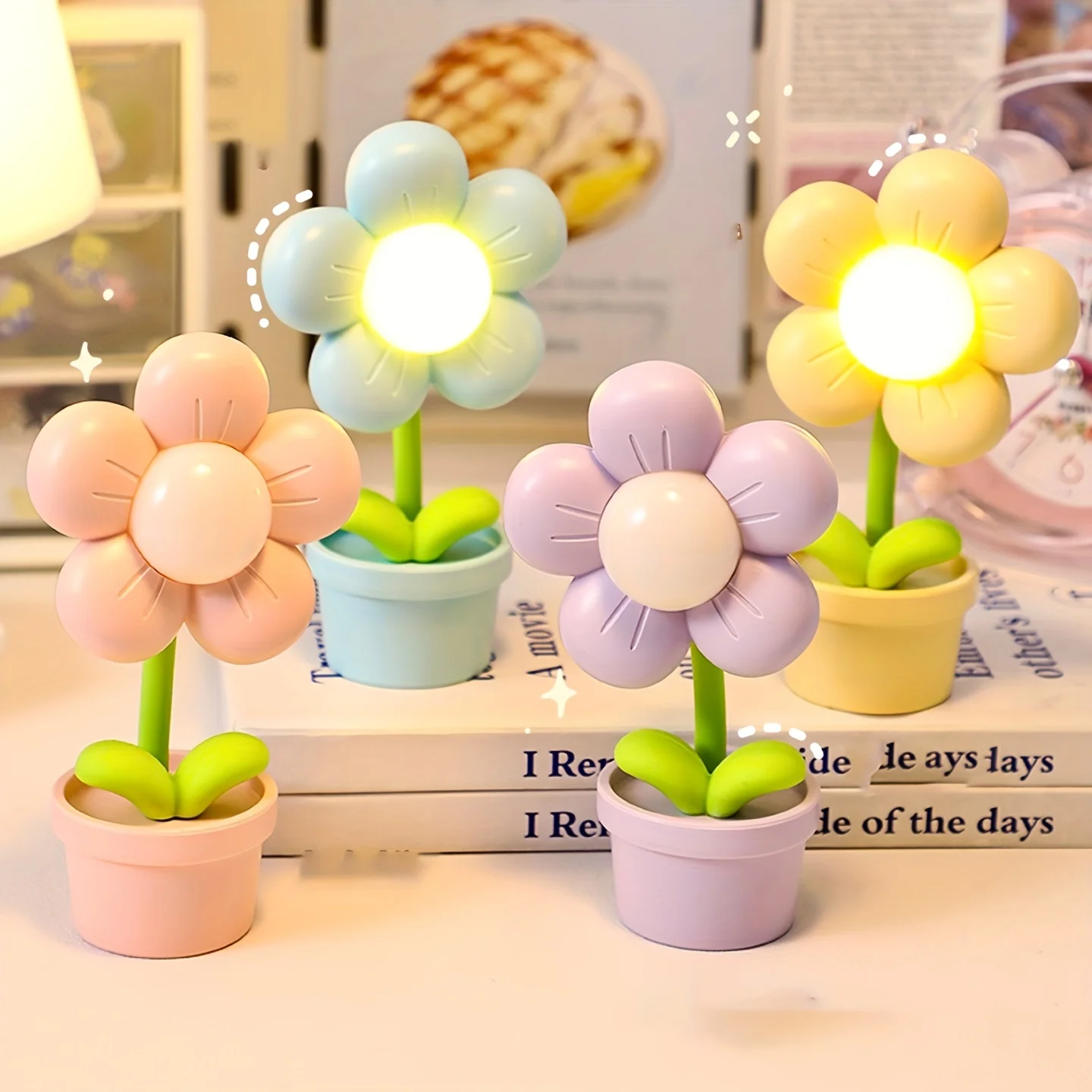 1pc Small Flowers Desktop Decoration Night Light Table Lamp with 3 Button Coin Cell batteries