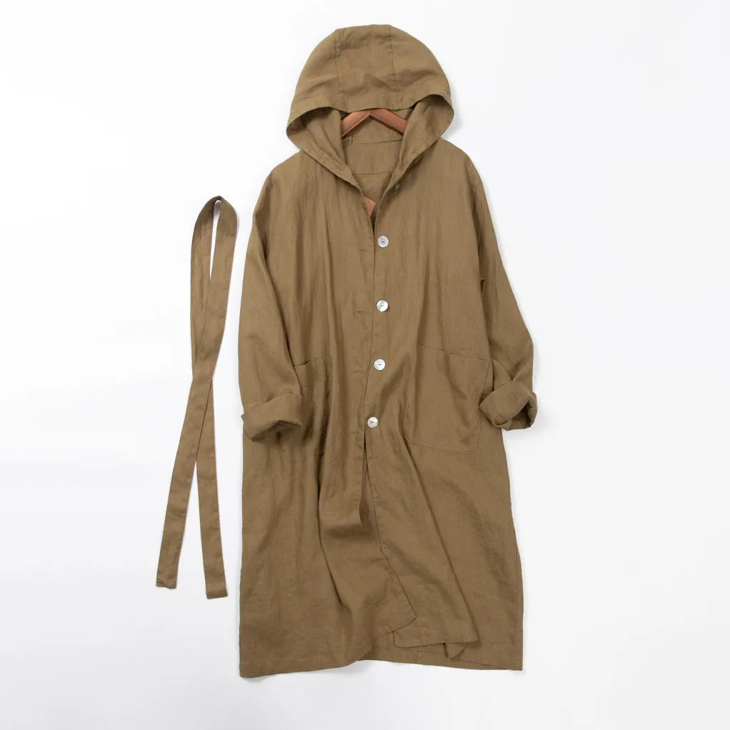 120cm Bust / Spring Autumn Women All-match Loose Plus Size Japanese Style Comfortable Water Washed 14*14 Linen Trench Coats