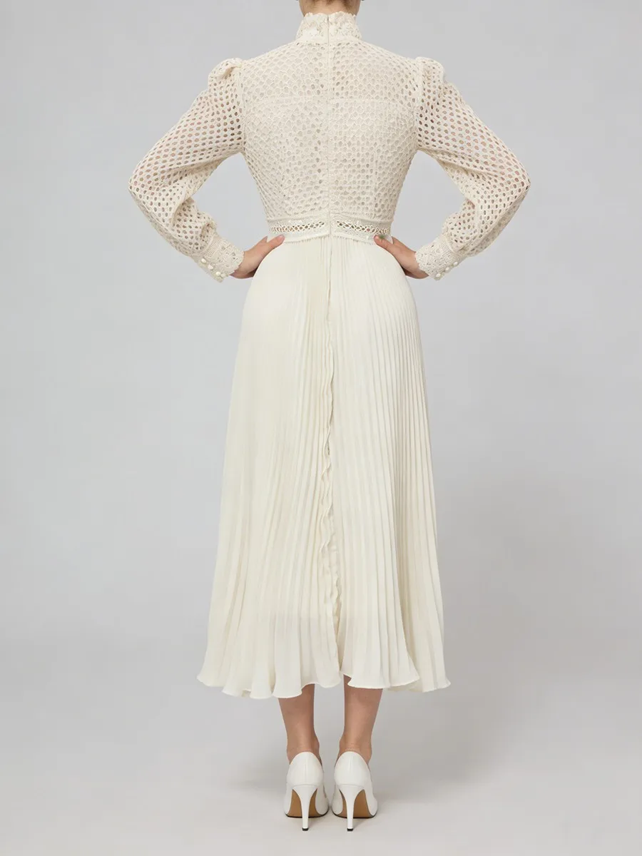 TWOTWINSTYLE Solid Hollow Out Spliced Embroidery Elegant Dresses for Women High Neck Long Sleeves Tunic Casual Dress Female New